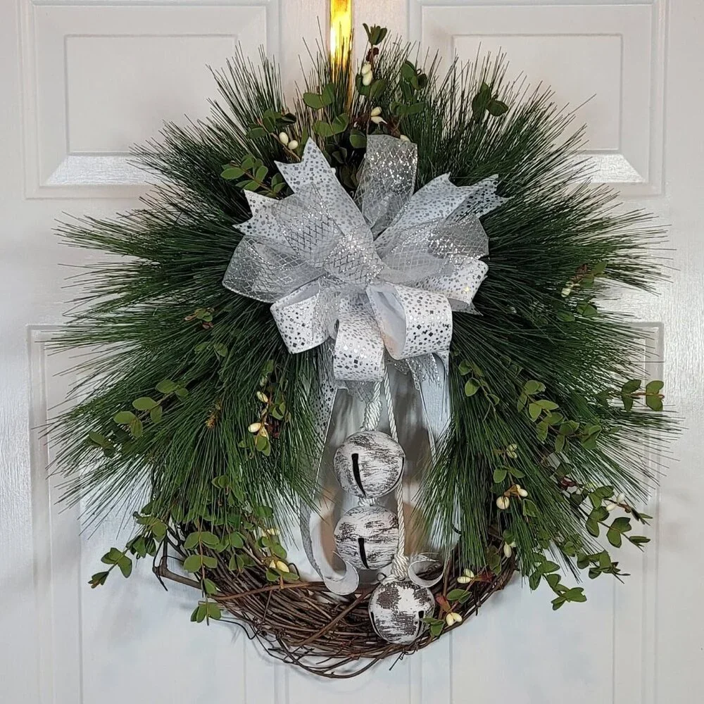 White Bells, White Berries, Pine Wreath, Winter Holiday Wreath, Hand Crafted